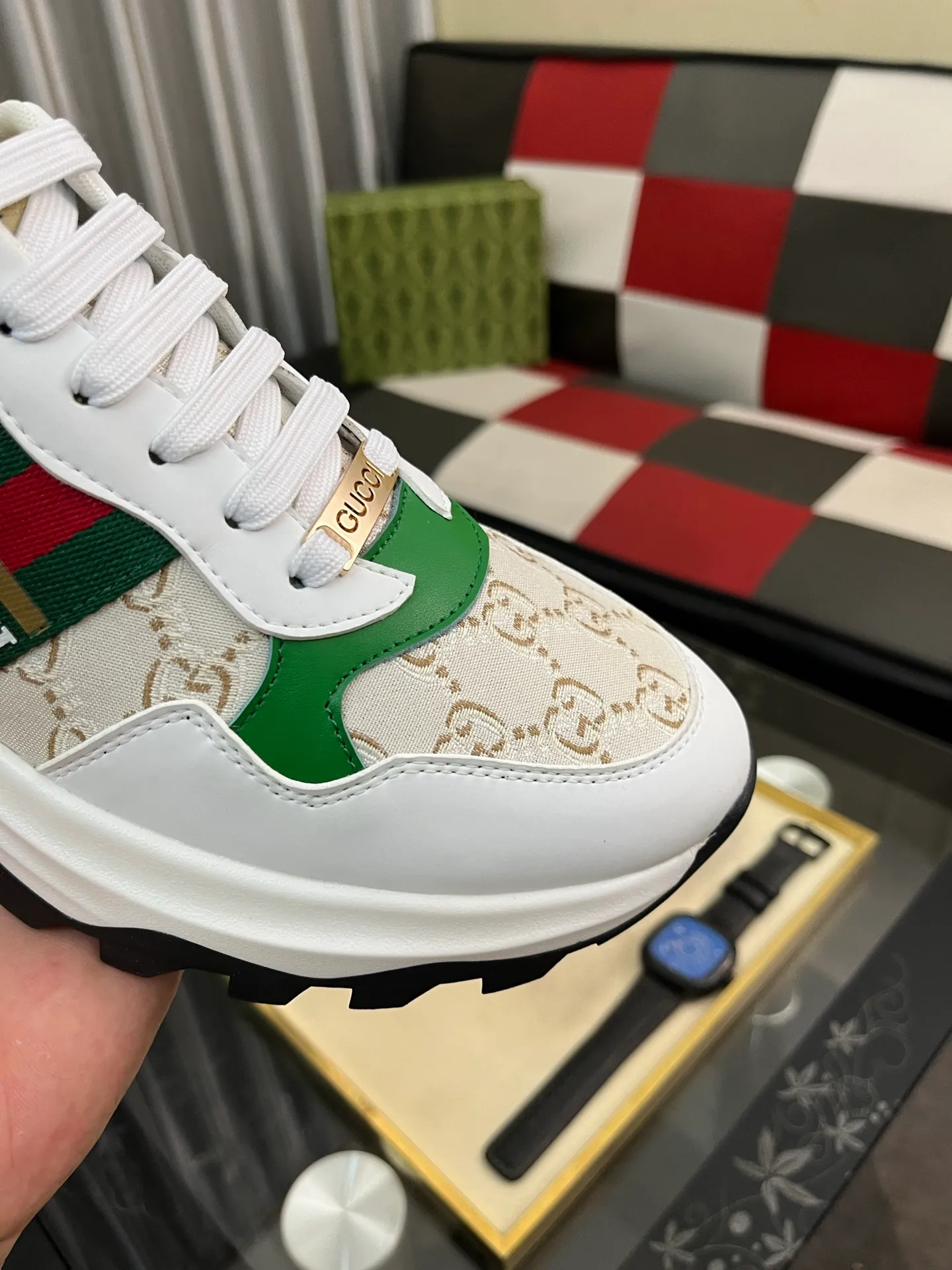 Men's shoes 💰458⌚️⌚️ Gucci •Gucci original quality. ~ Unique modern style sneakers. 🏃A must-have casual shoe for trendy men😍😍 Original brand imported from Italy, imported original leather, sheep lining (refuses to discolor and grind feet) Sole: Original sole provided by the original factory, French lazy style design ⚠️Fit to the feet, original quality attached, super comfortable original sole, code number: 38-444️⃣Colors available